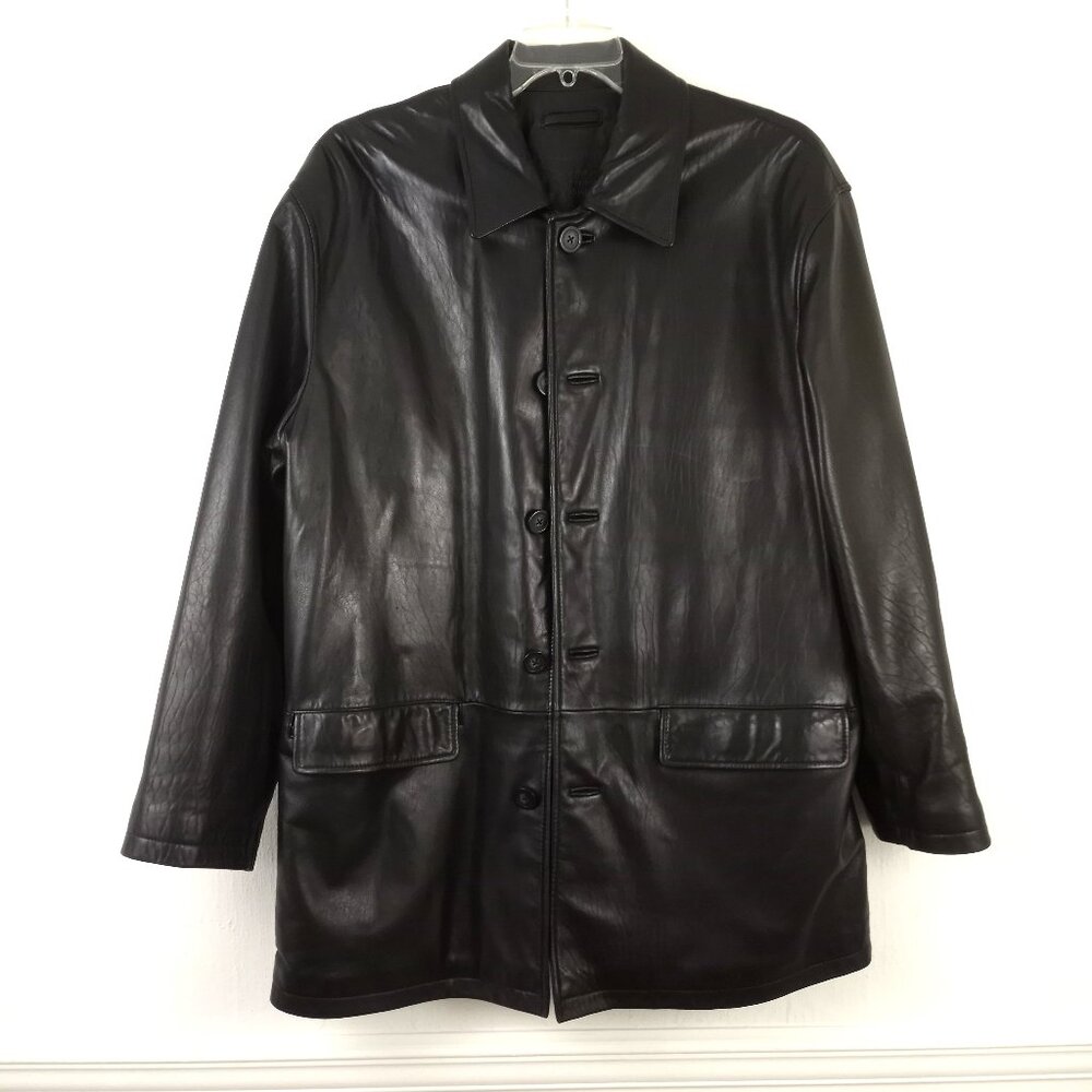 Roundtree & Yorke Black Lambskin Leather Button Up Car Coat Mens L